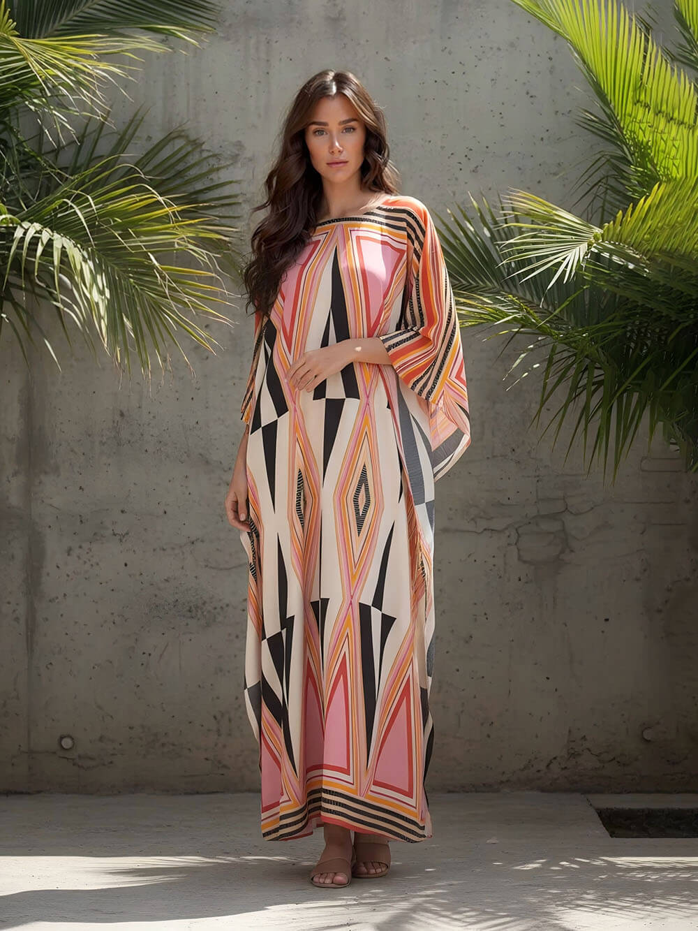 Simple Retro Triangle Print Slit Kimono Maxi Dress