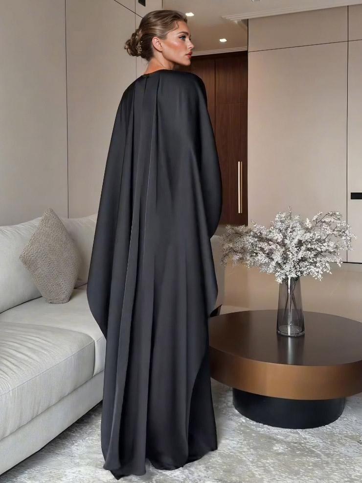 Elegant Satin Pleated Batwing Sleeve Maxi Dress