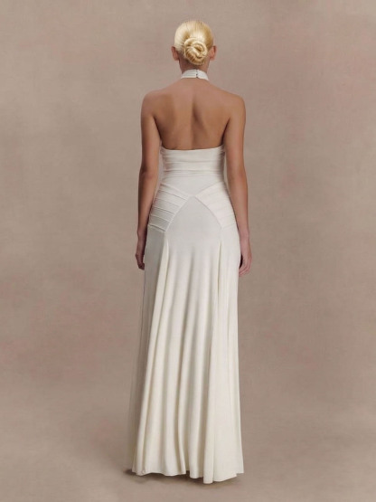 Elegant Pleated Fitted Backless Maxi Dress