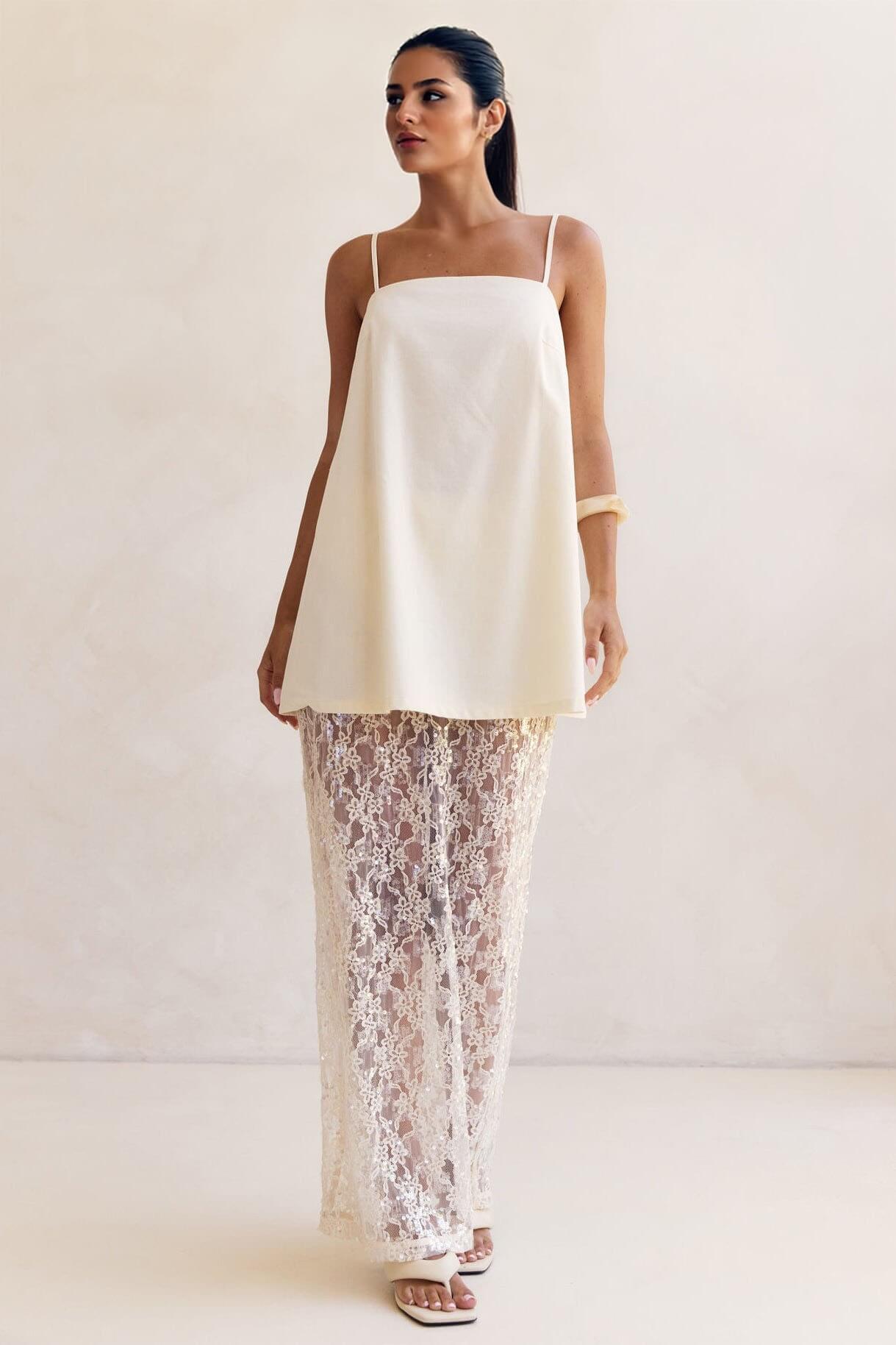 Elegant Off-Shoulder Strap A-Line Top Sheer Sequin Lace High-Waist Maxi Skirt Set