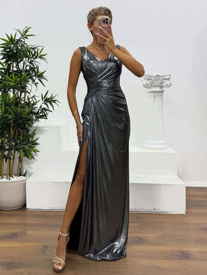 Elegant V-neck Draped Evening Gown Maxi Dress