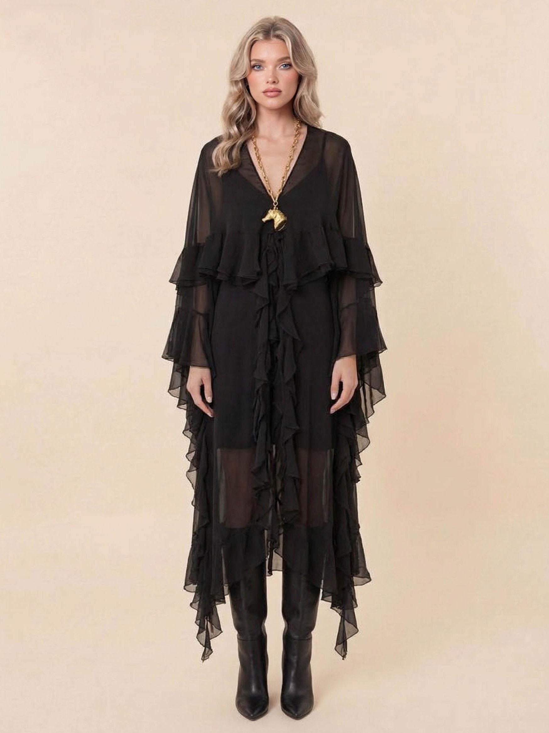 Elegant Tulle Ruffled Flowy Beach Maxi Dress