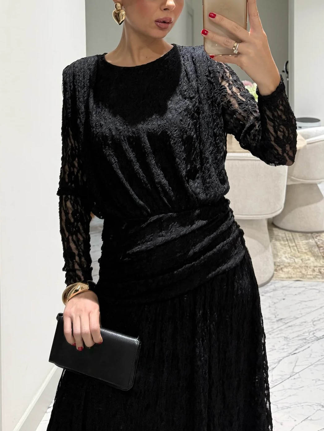 Elegant Long-Sleeve Lace-Textured Maxi Dress