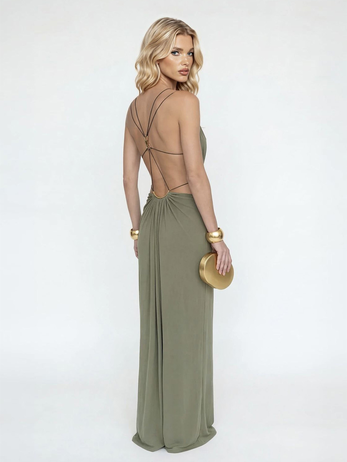 Sexy Metal Chain Cut-Out Backless Lace-Up Draped Maxi Dress