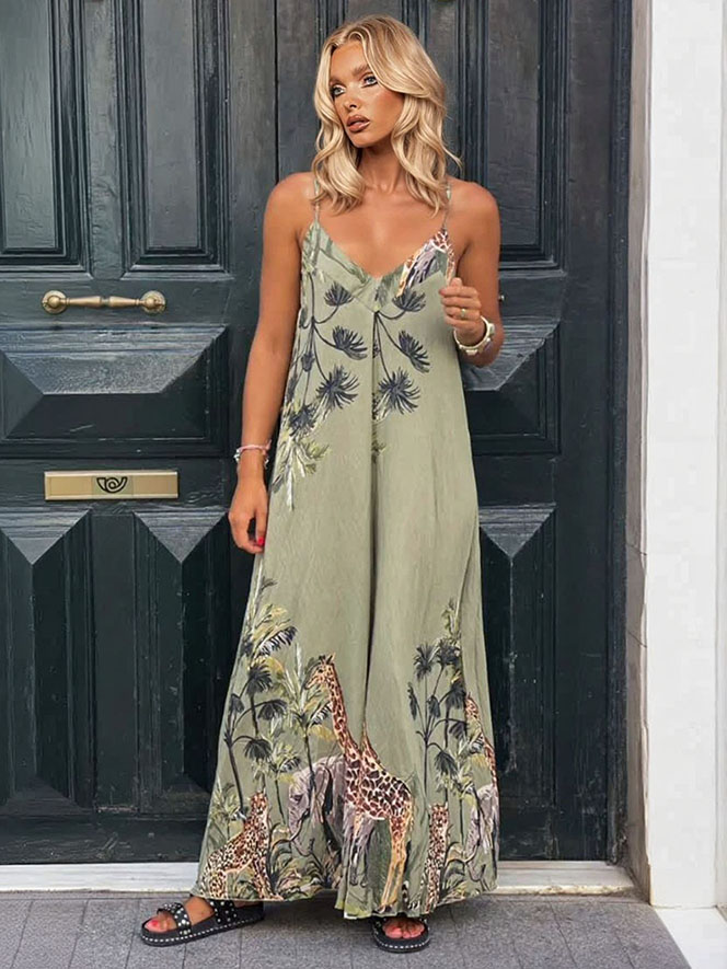 Tropical Giraffe Palm Tree Print Sleeveless High-Waist Jumpsuit