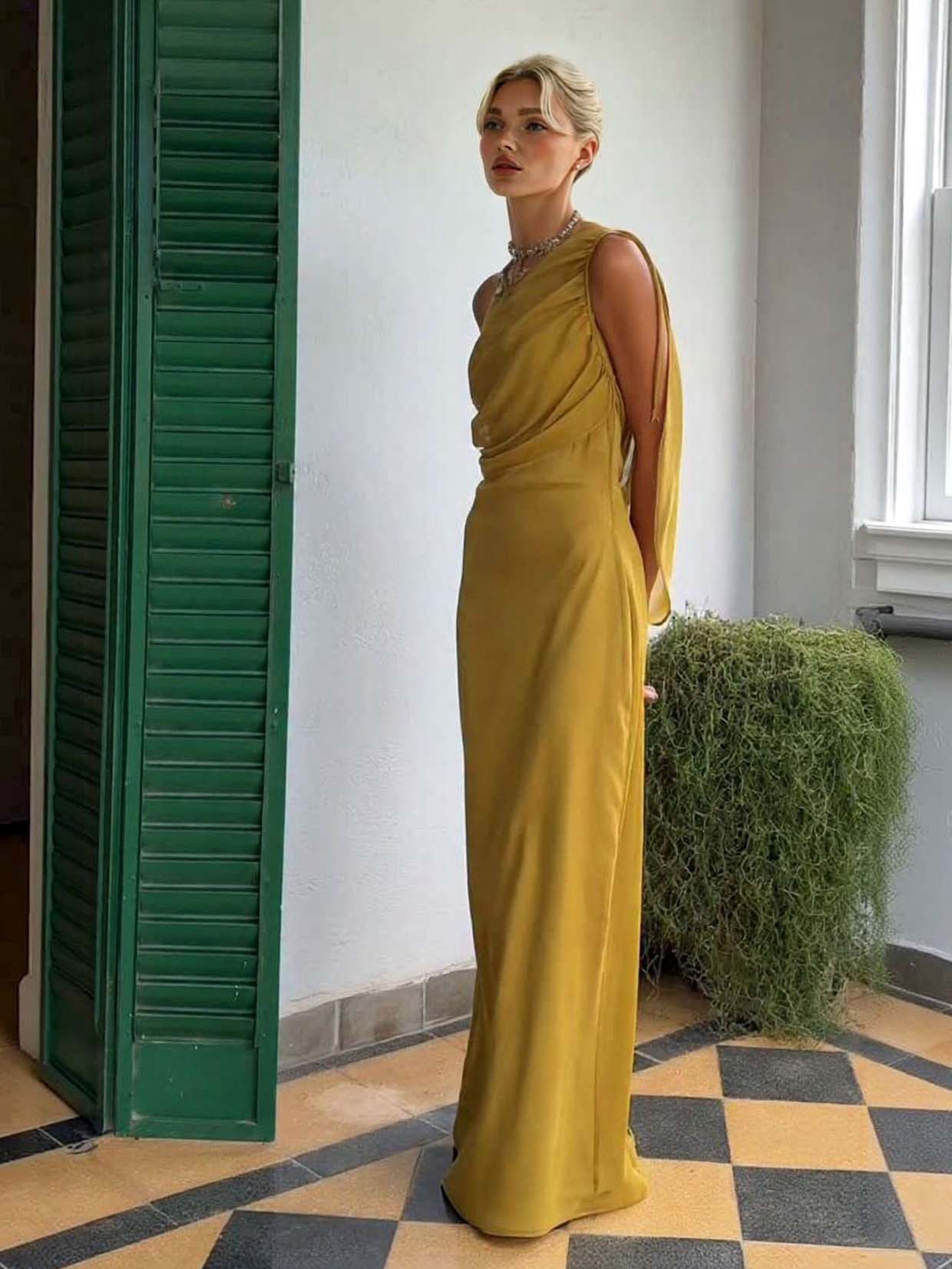 Elegant One-Shoulder Ruched Waist Flowy Maxi Dress