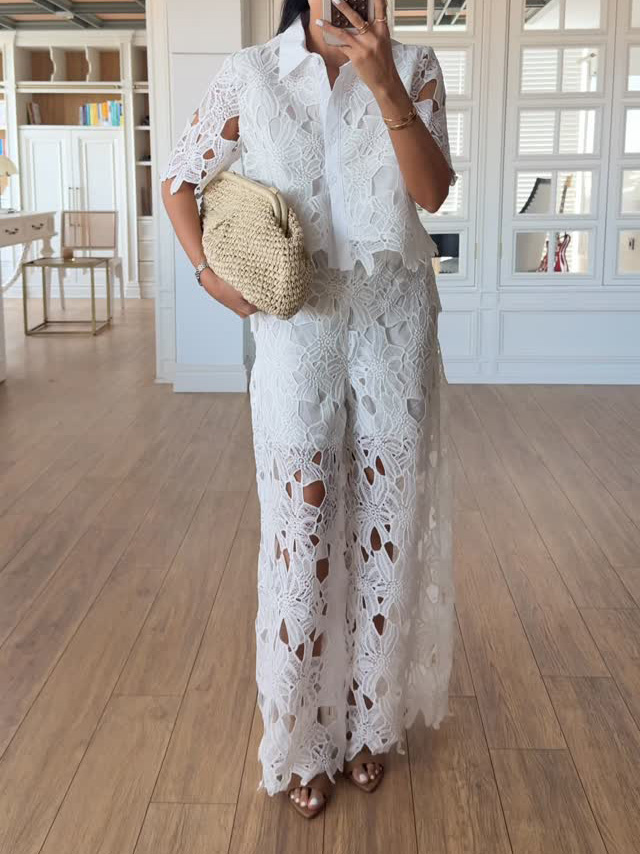 Casual Cutout Lace Shirt & Wide-Leg Pants Two-Piece Set
