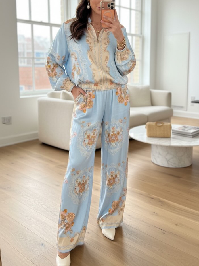 Retro Paisley Print Satin Two-Piece Set