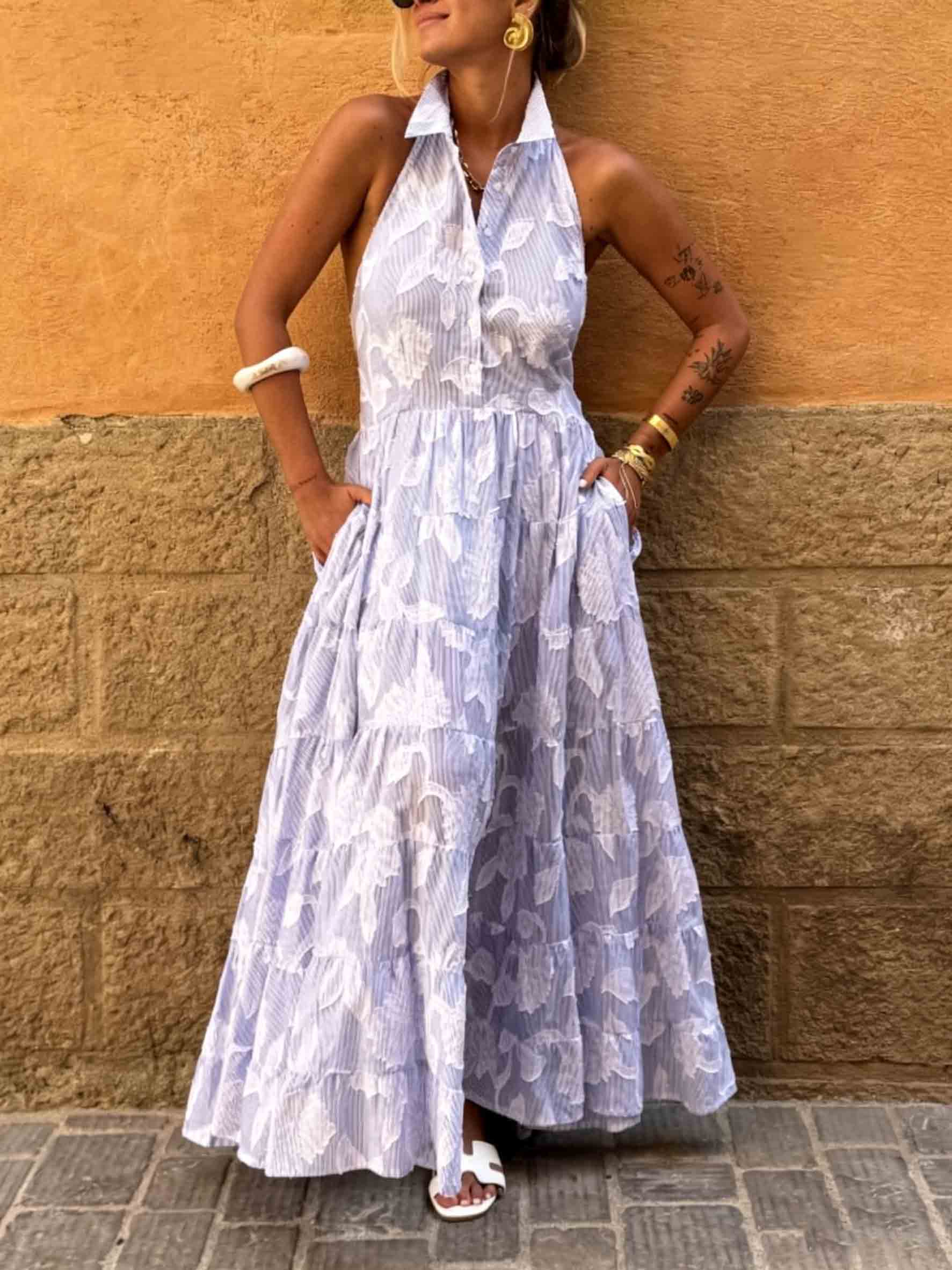 Exquisite Striped Floral Jacquard Backless Layered Maxi Dress