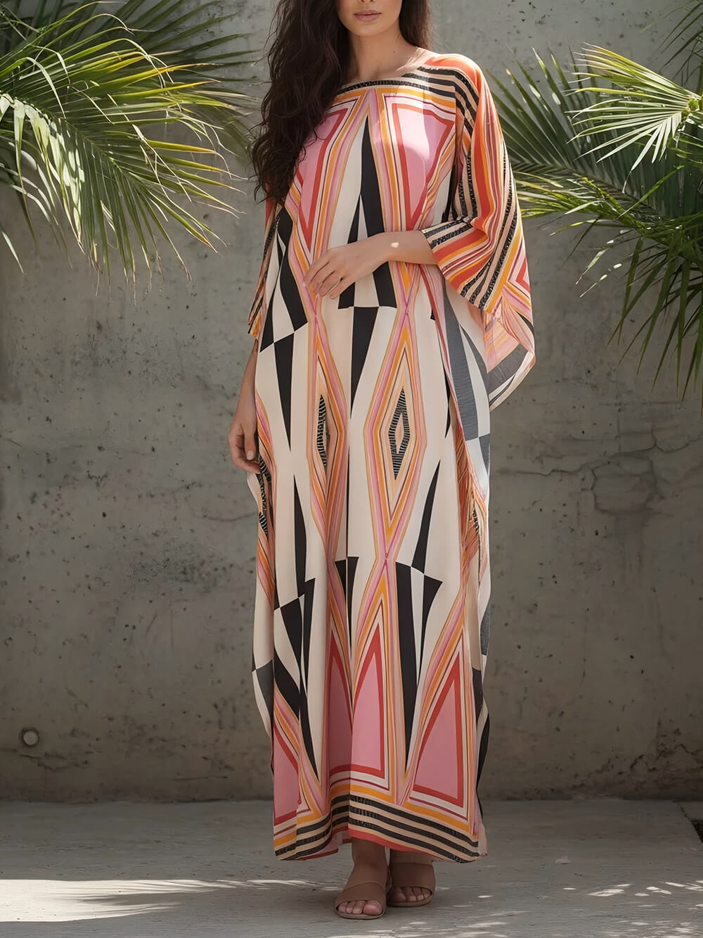 Simple Retro Triangle Print Slit Kimono Maxi Dress