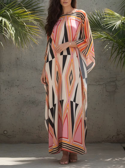 Simple Retro Triangle Print Slit Kimono Maxi Dress