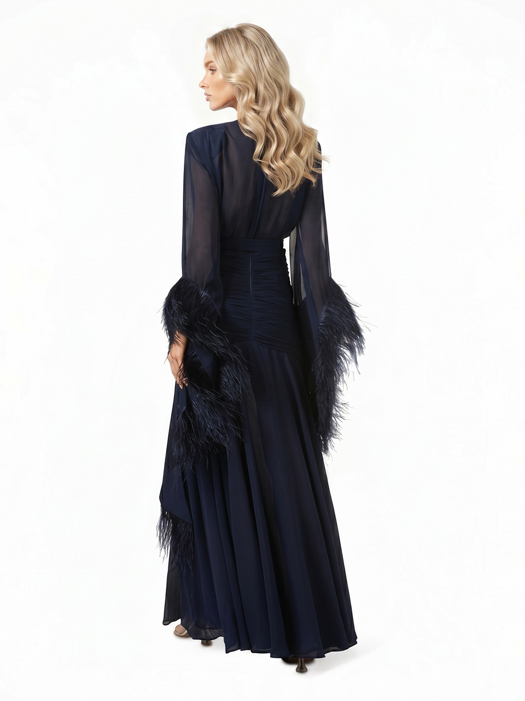 Elegant V-Neck Feather Cuff Flowing Chiffon Maxi Dress