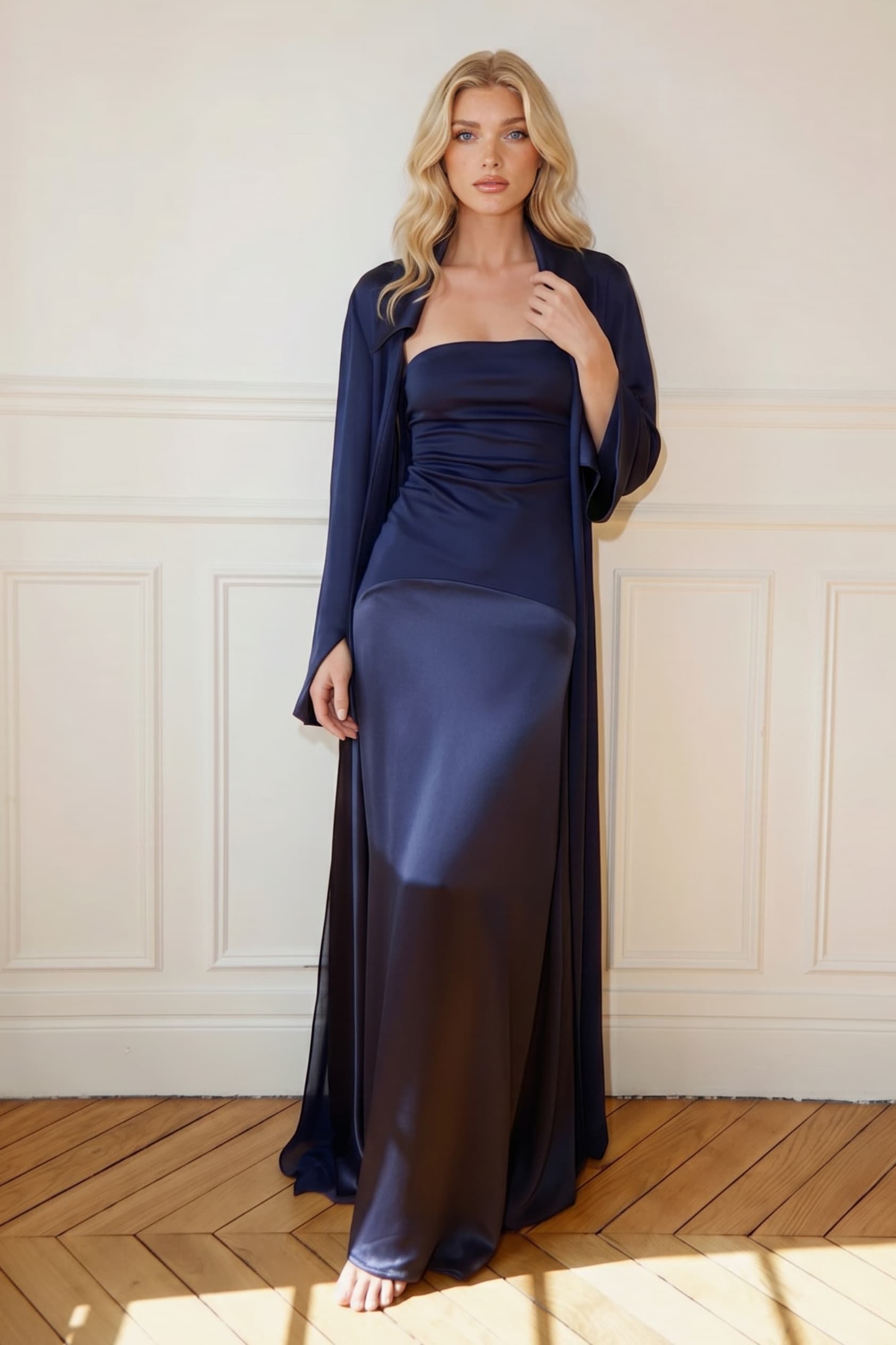 Elegant Satin Maxi Dress & Long Sheer Chiffon Cover-Up Two-Piece Set