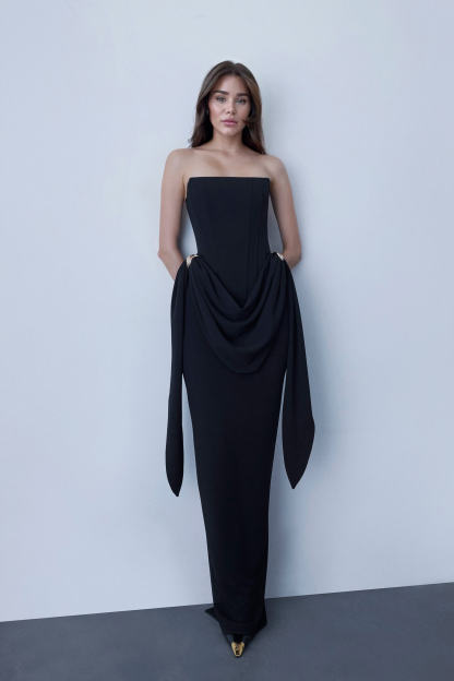 Elegant Black Strapless Ruched Metal Buckle Detail Maxi Dress