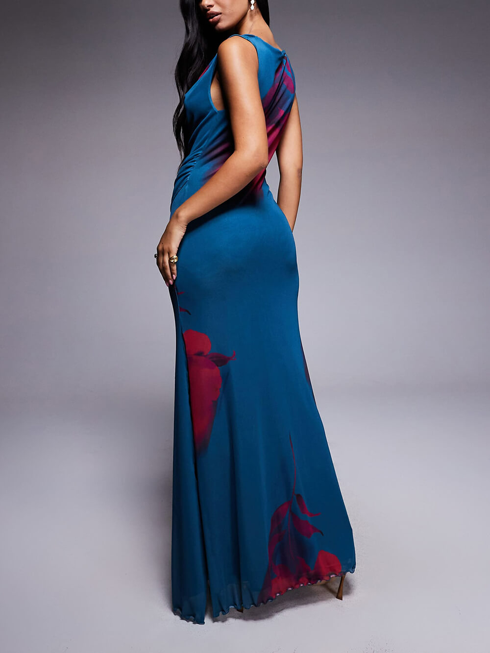 Elegant Printed Draped Stacked Neck Slit Maxi Dress