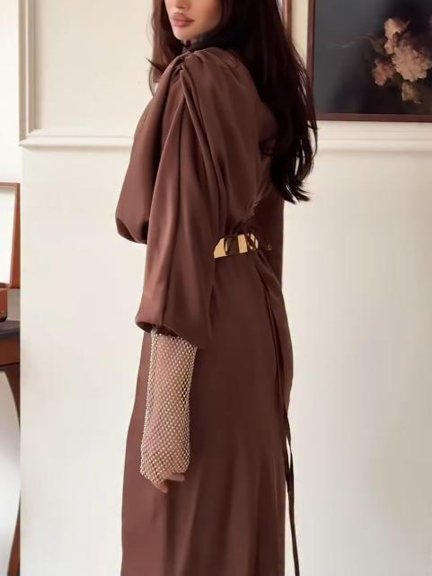 Elegant Satin Long-sleeved Pleated Maxi Dress