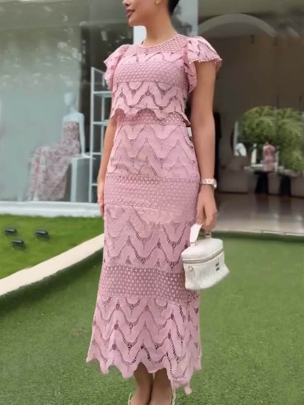 Retro Wave Dot Embroidery Lace Back Tie-up Top and Elastic Waist Maxi Skirt Set