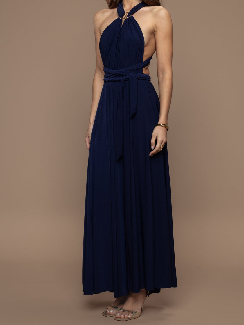 Elegant Multi-Way Neck Draped Tie-Waist Maxi Dress