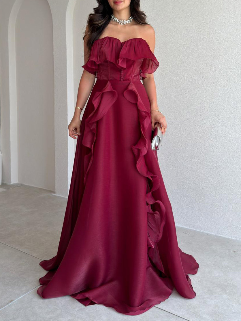 Elegant Strapless Ruffle High Slit Corset Maxi Dress