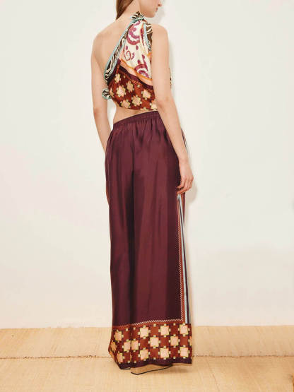 Unique Paisley Color-Block Satin Shirt And Elastic Waist Wide-Leg Pants Set