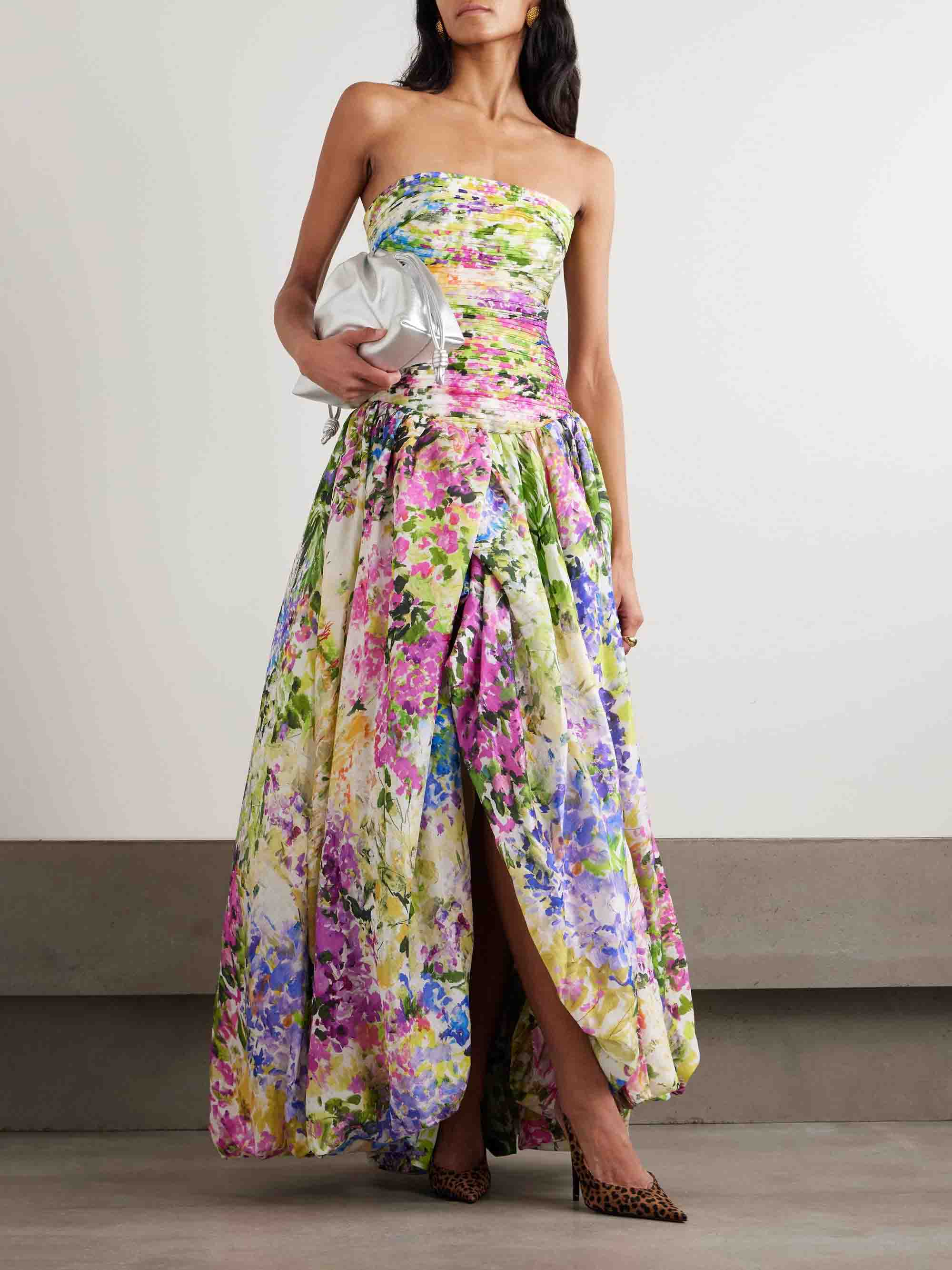 Elegant Strapless Floral Print High-Low Maxi Dress