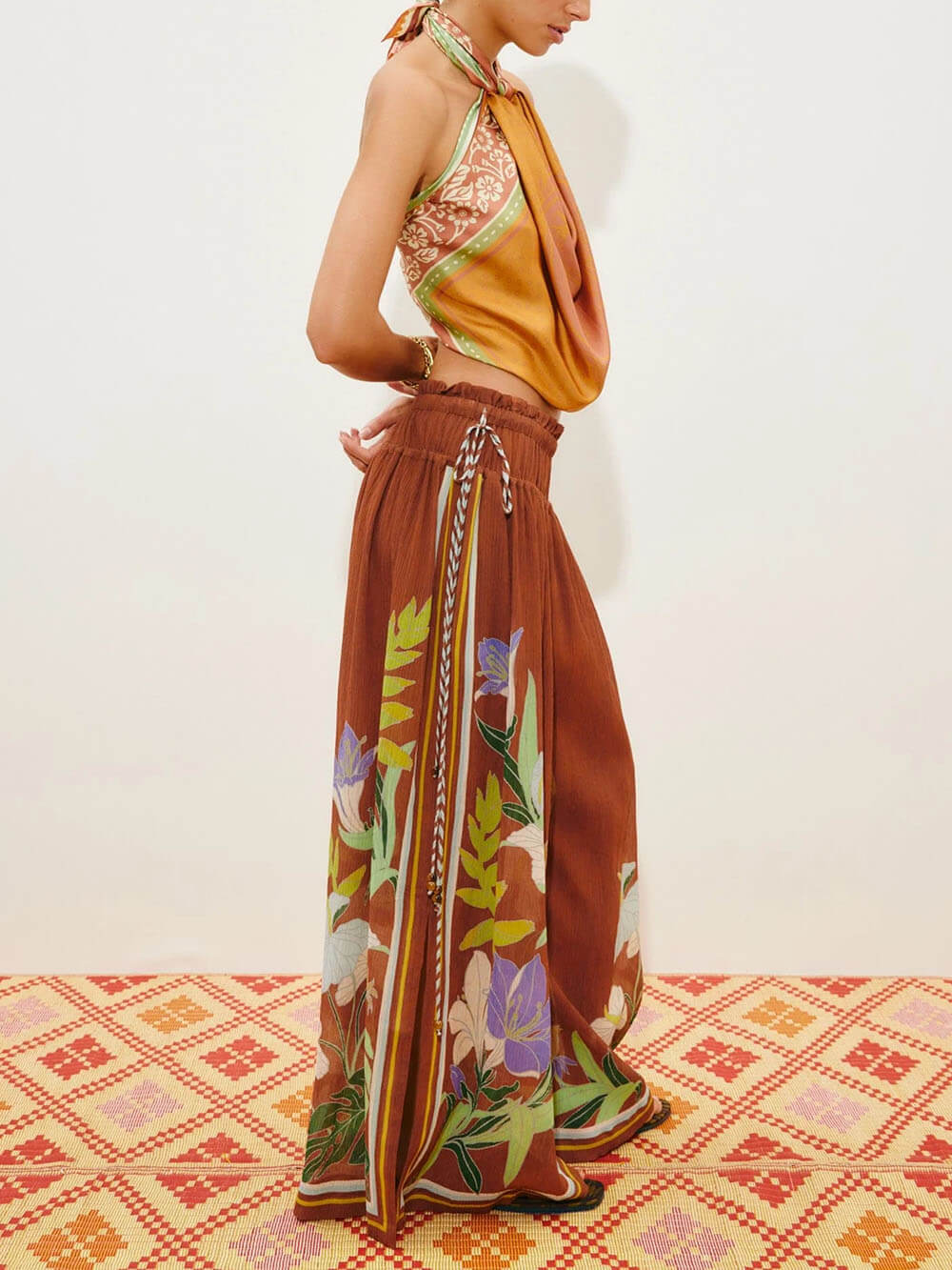 Exquisite Ruffled Adjustable Strap Camisole with Drawstring Slit Wide-Leg Pants Set