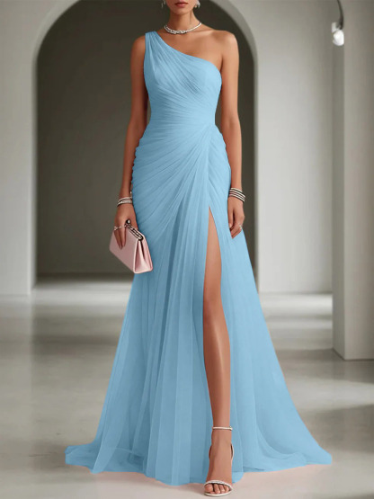 Elegant One-Shoulder Ruched Tulle High Slit Maxi Dress