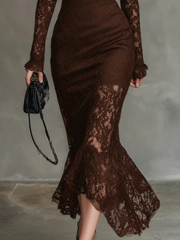 Exquisite High-neck Lace Fishtail Maxi Dress