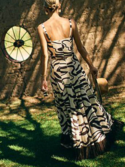 Unique Swirl Print Linen Tassel-Trimmed High-Waisted Skirt