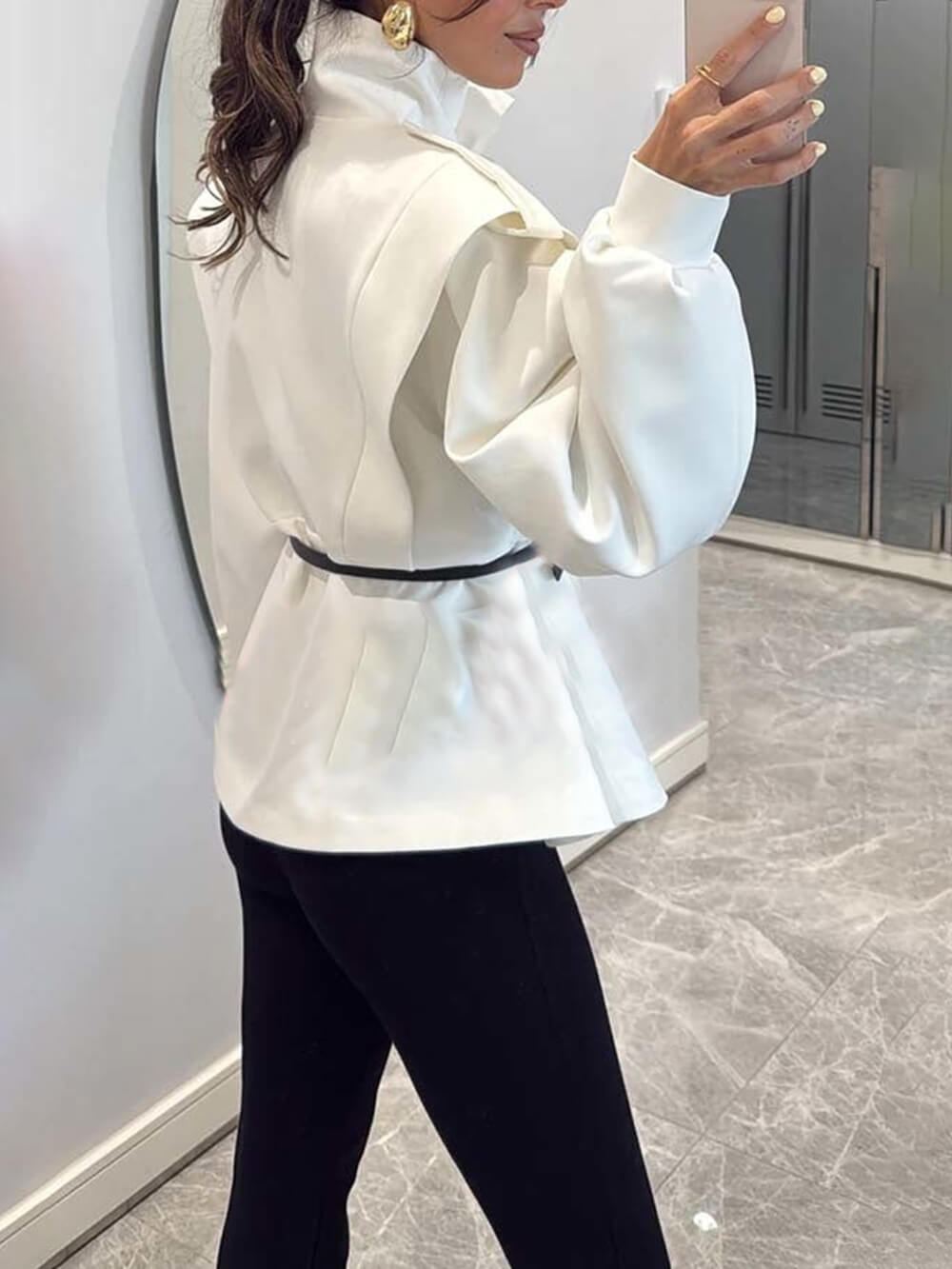 Modern Bold Stand Collar Button-Up Lantern Sleeve Loose Jacket