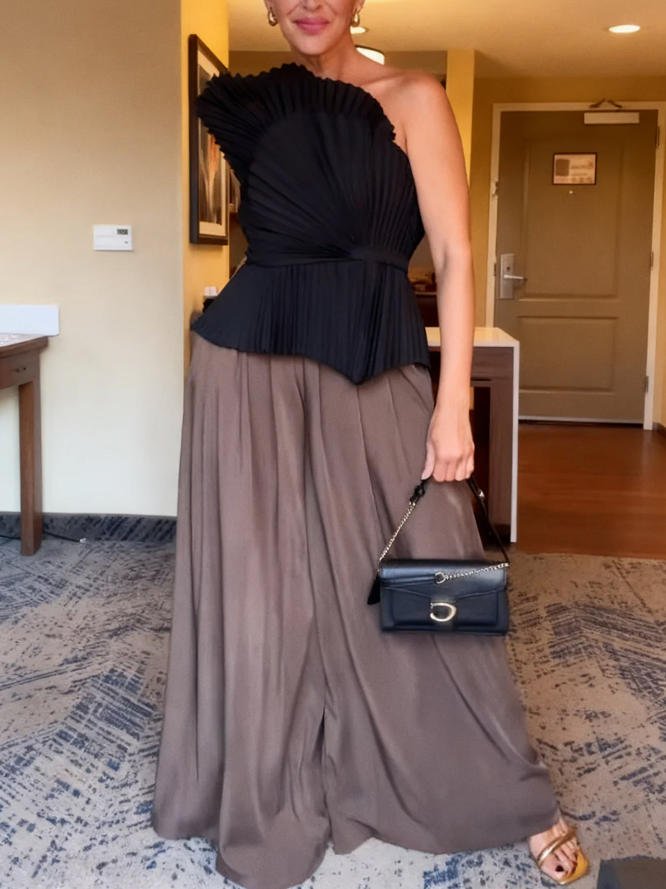 Elegant One-shoulder Pleated Top And High-waisted Pants Set