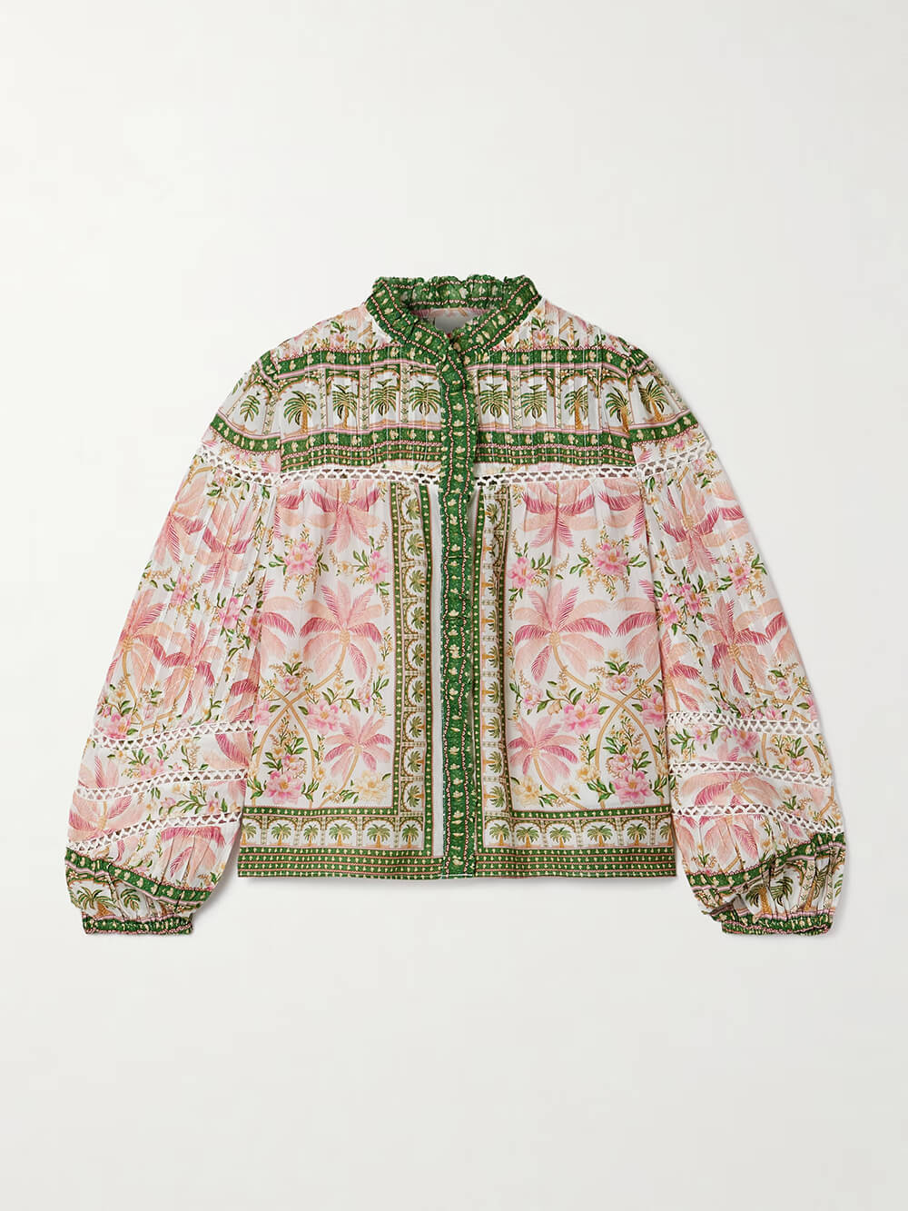 Retro Charm Crochet Trim Pleated Floral Patchwork Shirt