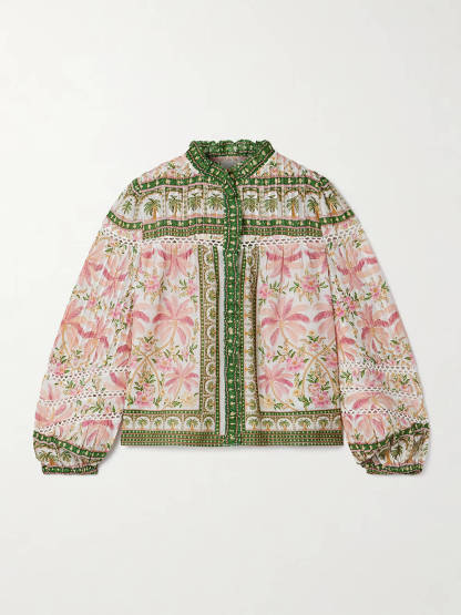 Retro Charm Crochet Trim Pleated Floral Patchwork Shirt
