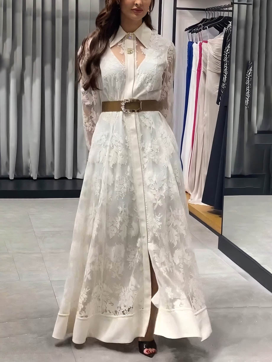 Elegant Floral Lace Long-Sleeved Shirt Maxi Dress