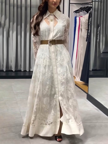Elegant Floral Lace Long-Sleeved Shirt Maxi Dress