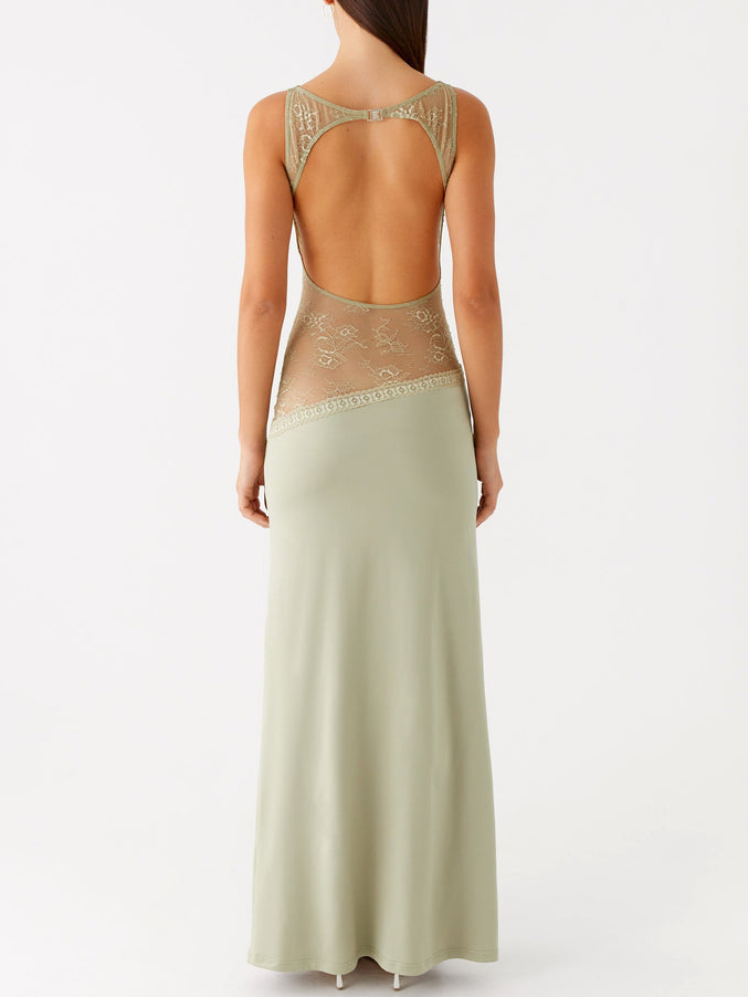 Elegant Sleeveless Boat Neck Black Lace Maxi Dress