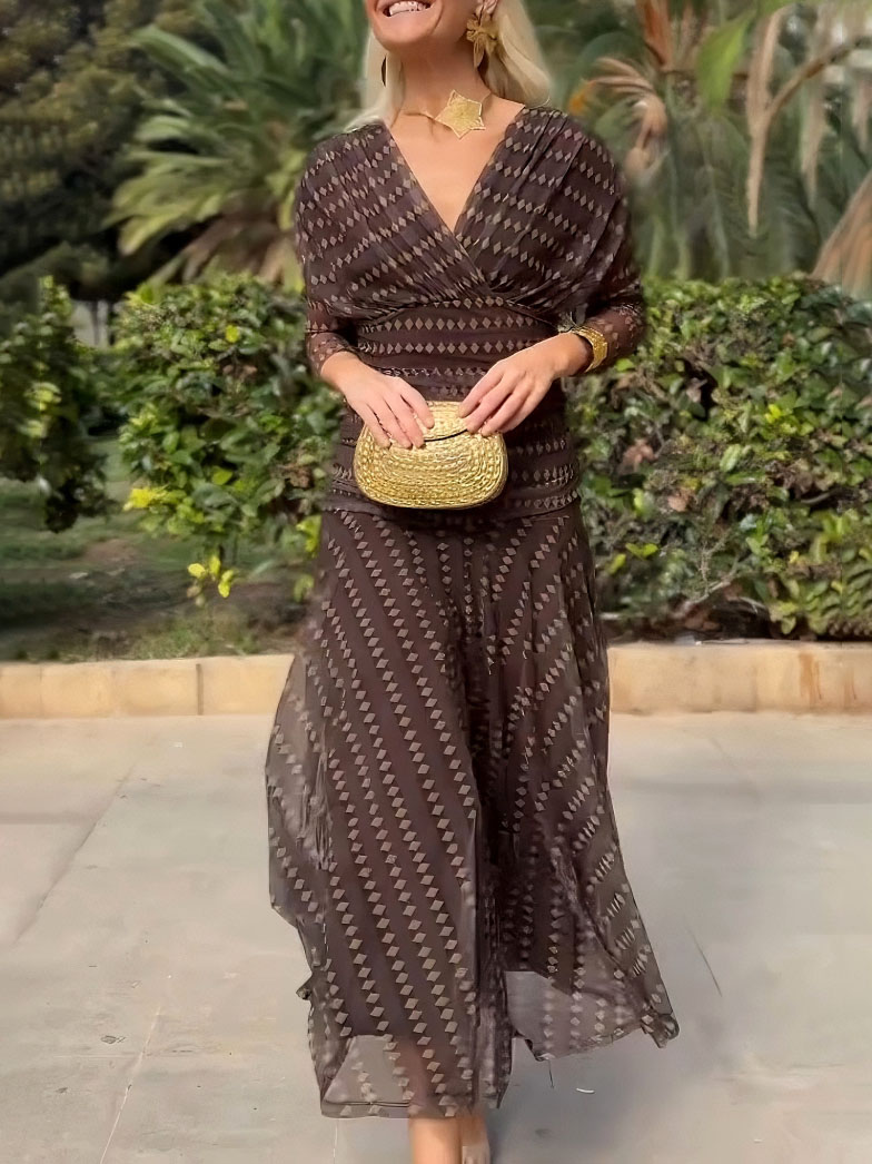 Elegant Retro Bohemian Style V-neck Mesh Print Maxi Dress