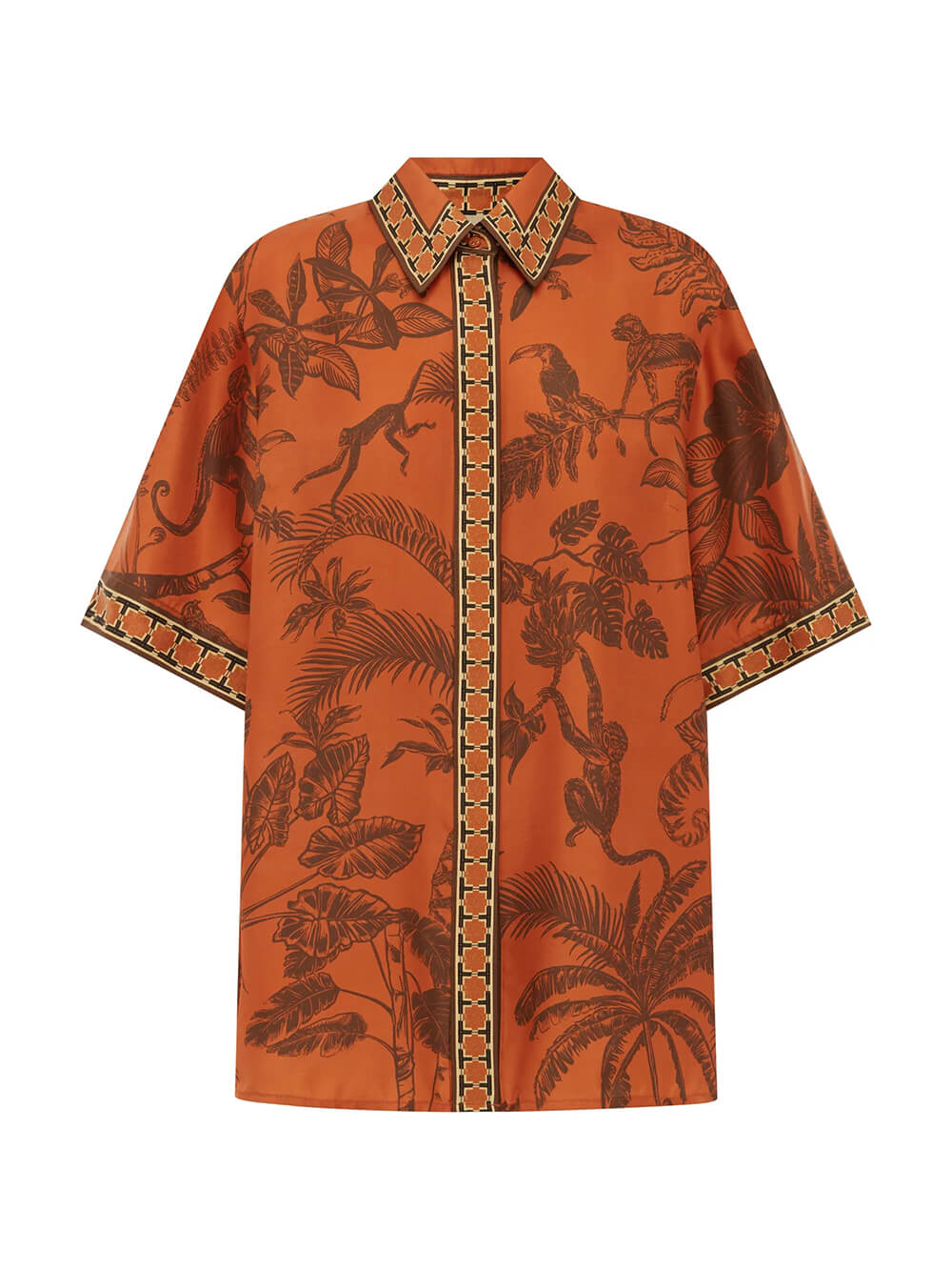 Unique Animal Print Satin Back-Slit Tie-Waist Loose Shirt