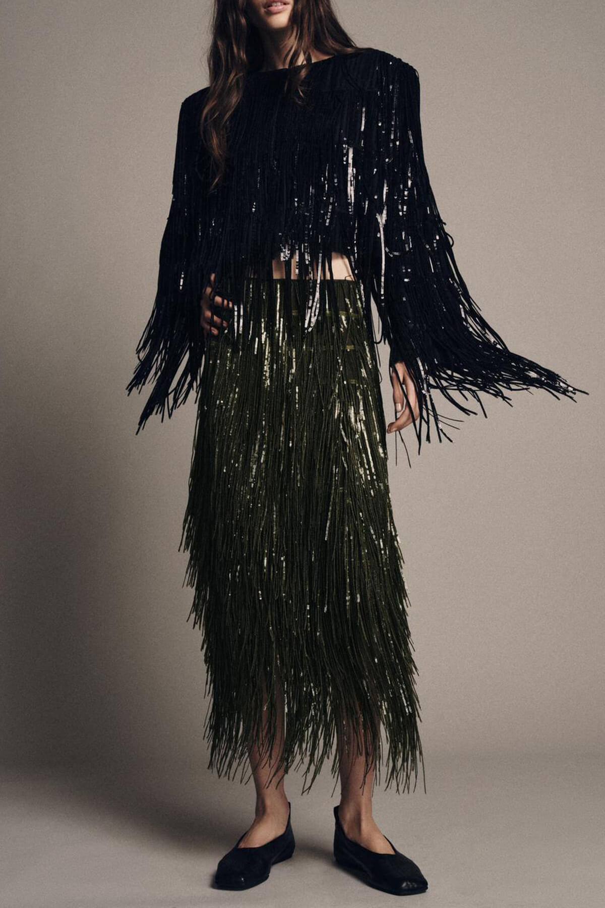 Exquisite Sequin Fringe Long-Sleeve Jacket And Skirt Set