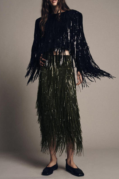 Exquisite Sequin Fringe Embellished Round-Neck Long-Sleeve Jacket