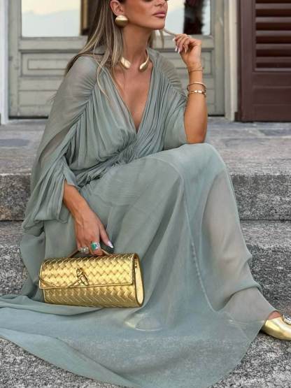 Beautifully Pleated Draped V-Neck Batwing Sleeve Maxi Dress
