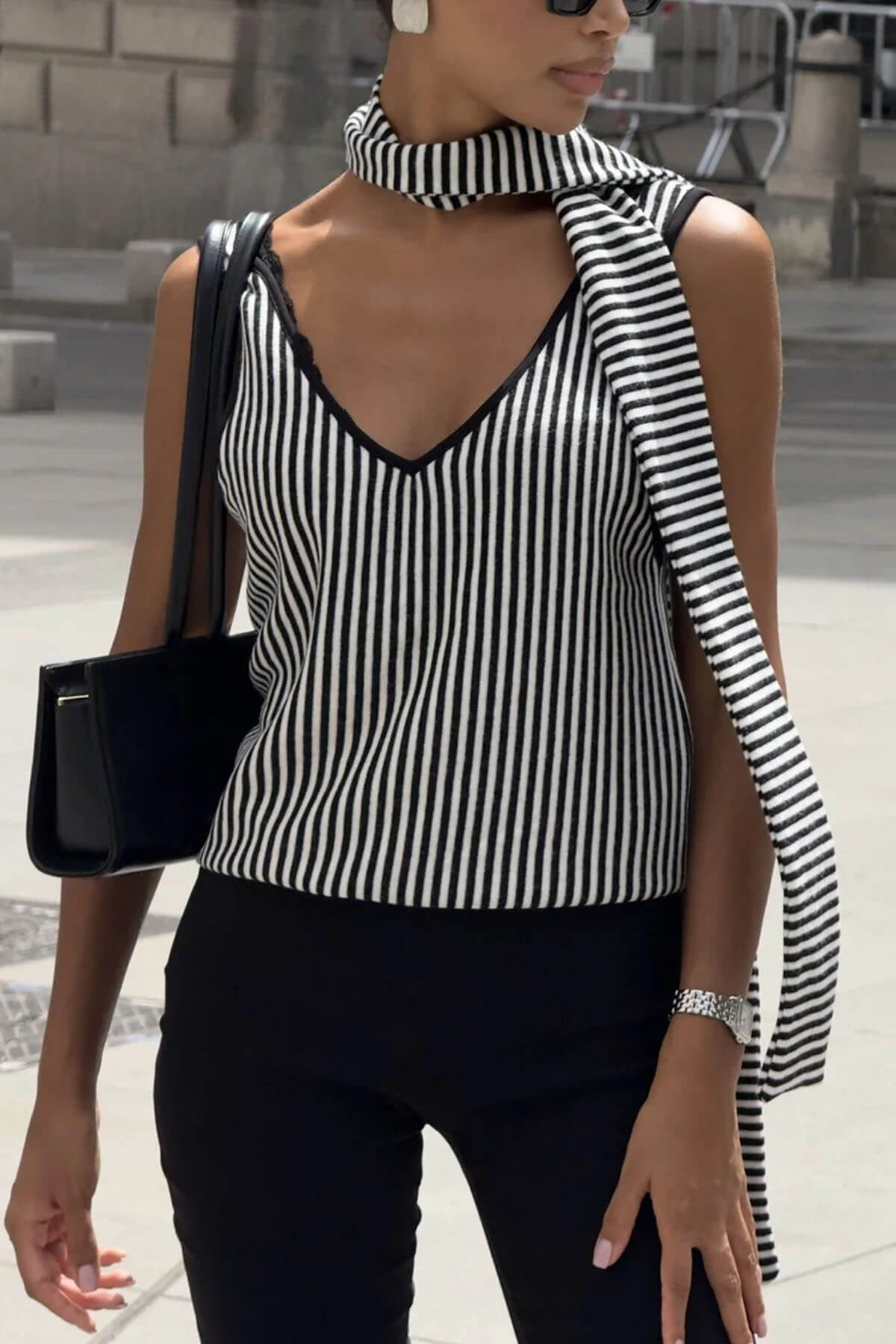 Casual Striped Print V-Neck Backless Cami Top