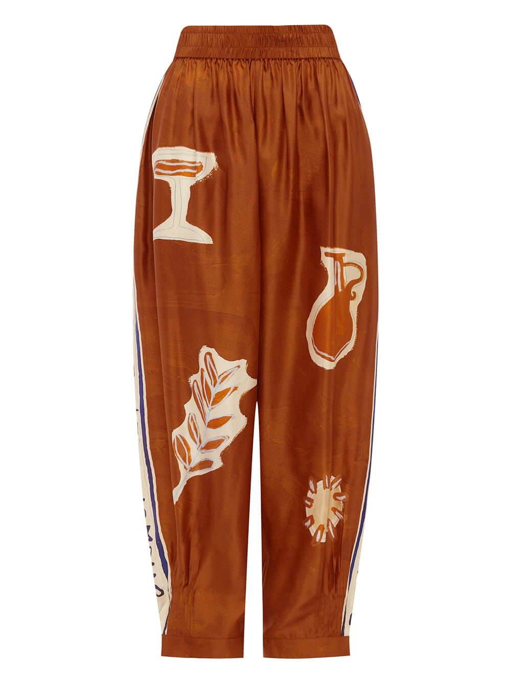 Unique Satin Print Elastic Waist Loose Pleated Tapered Pants