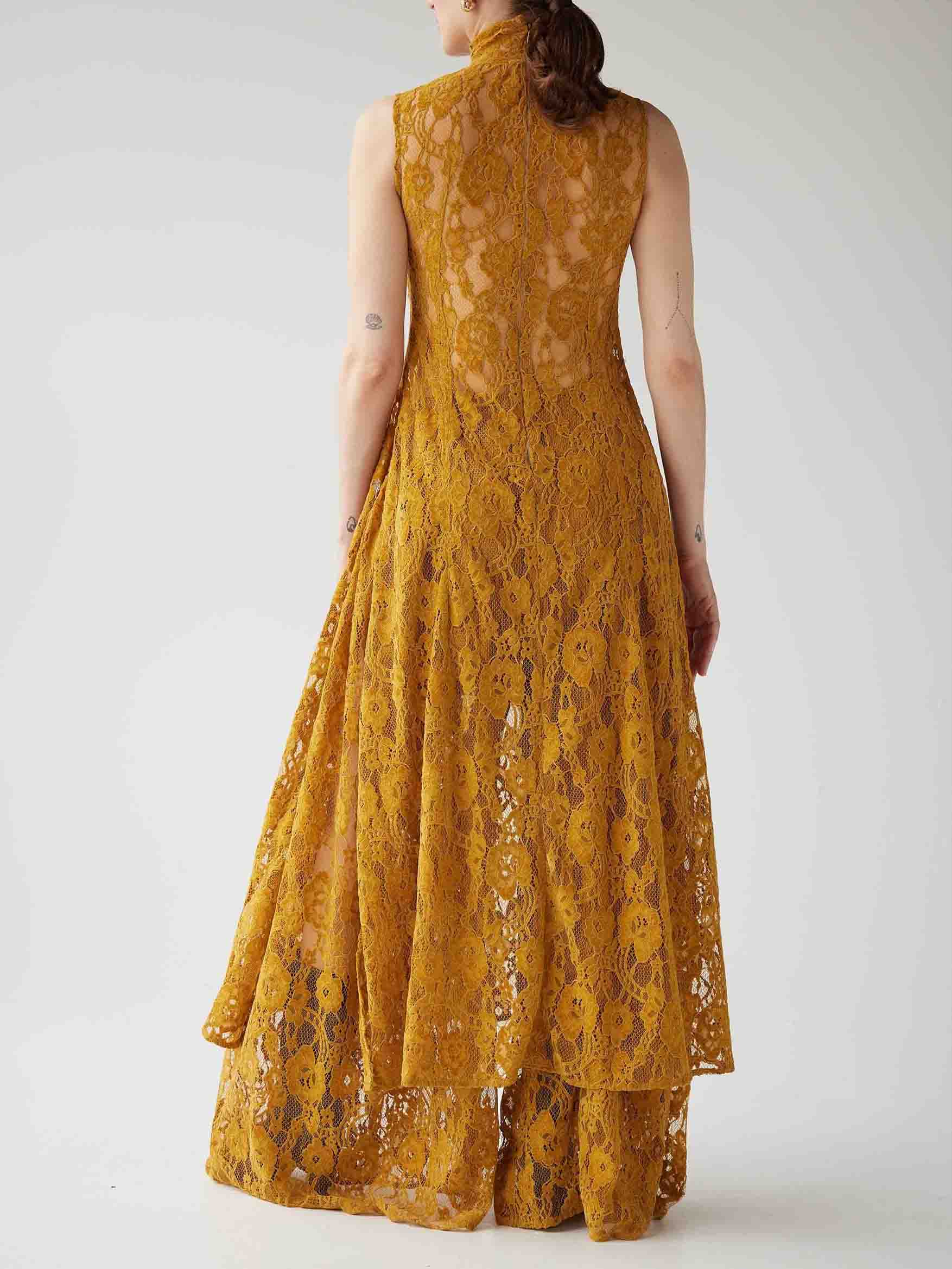 Elegant High-neck Lace Slit Long Top Two-piece Set