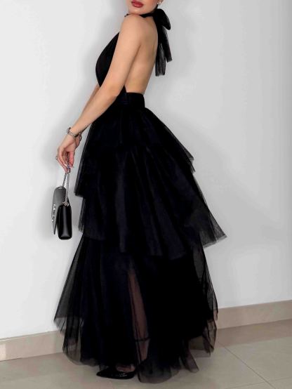 Elegant Backless Tie-Up Layered Tulle Maxi Dress