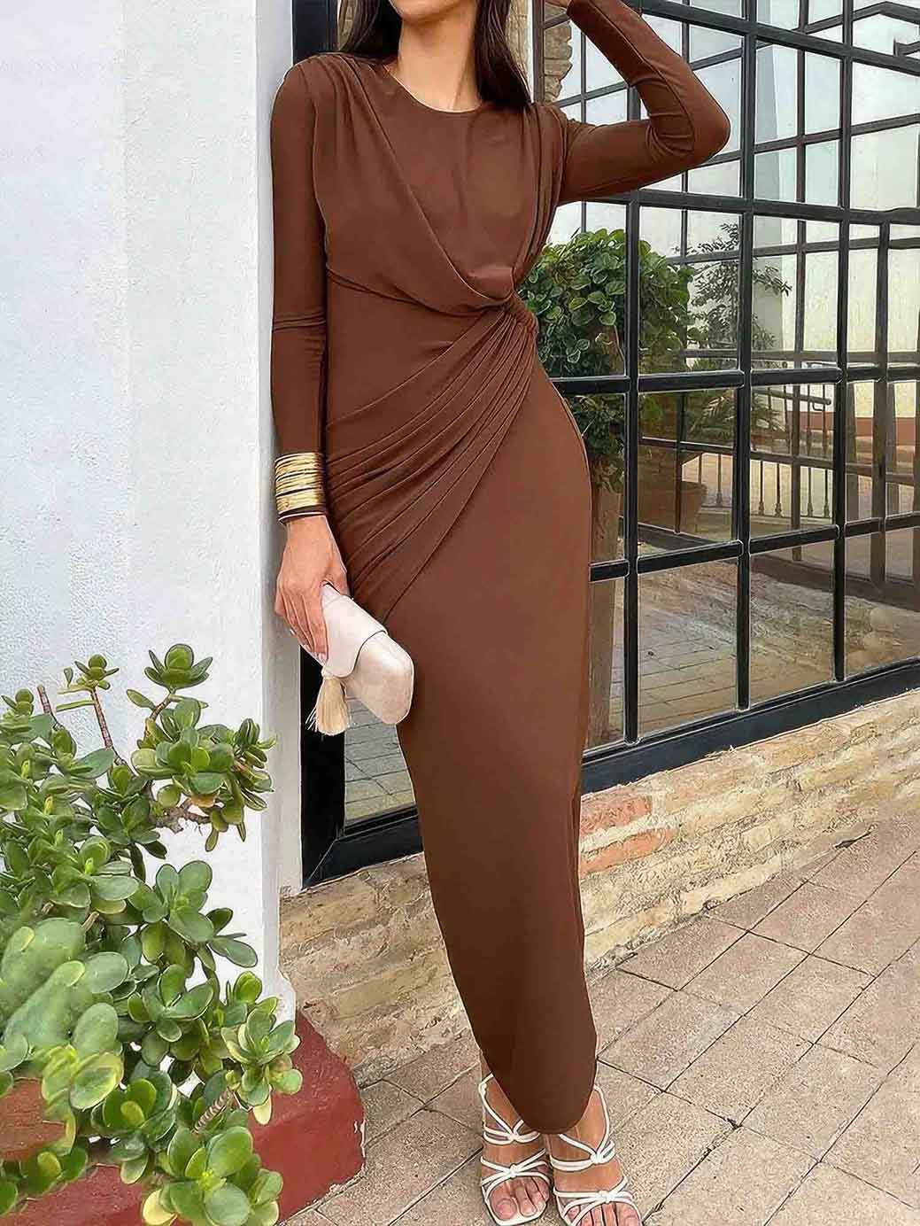 Elegant Crew Neck Pleated Wrap Hem Maxi Dress