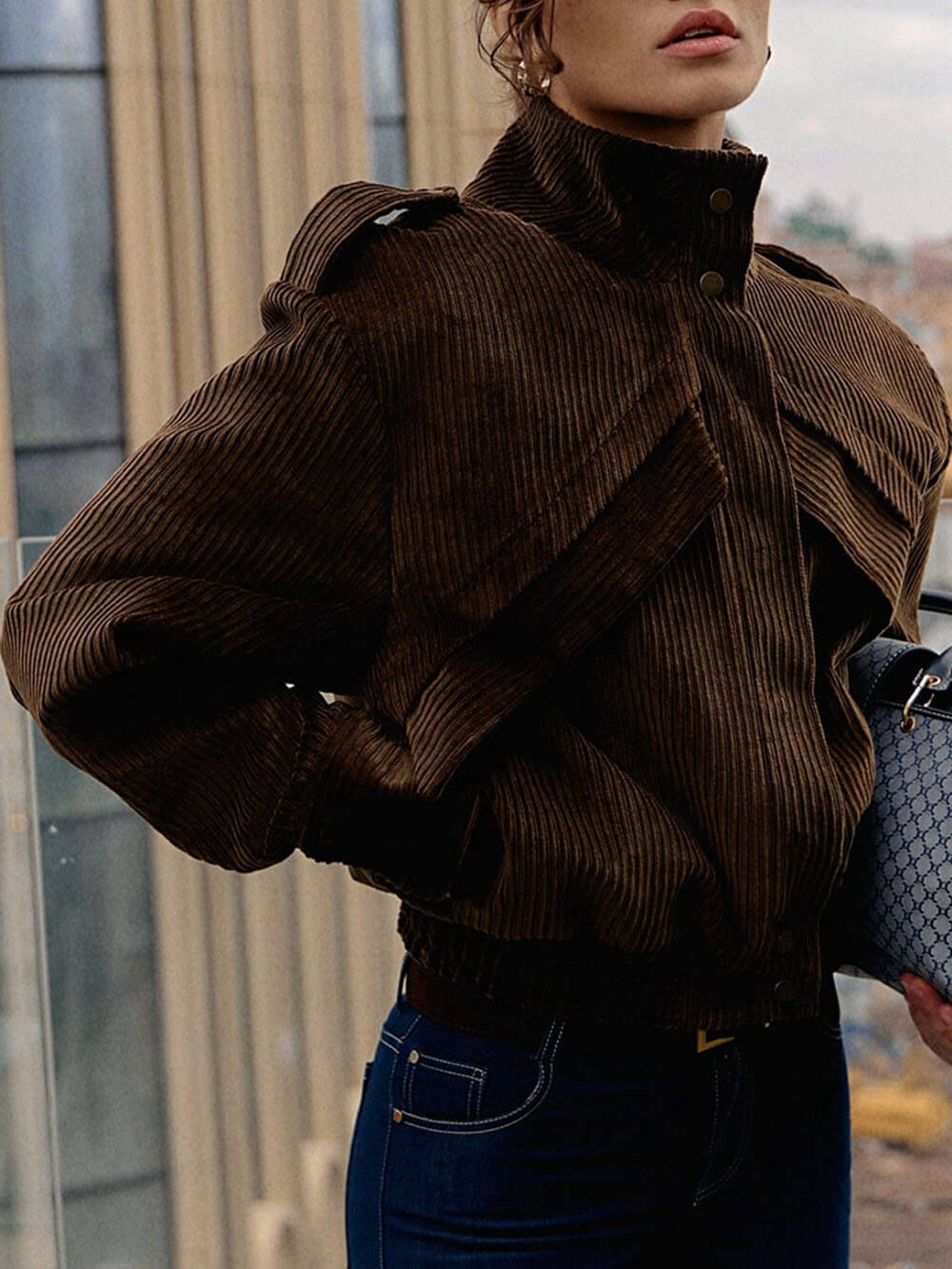 Chic Casual Biker-Style Corduroy Jacket