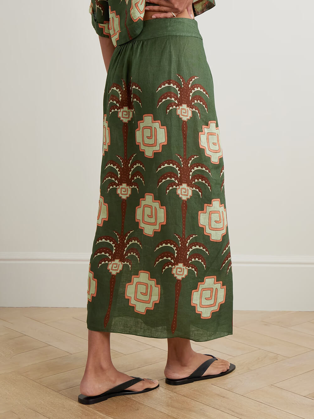 Retro Palm Tree Print Linen Wrap Midi Skirt