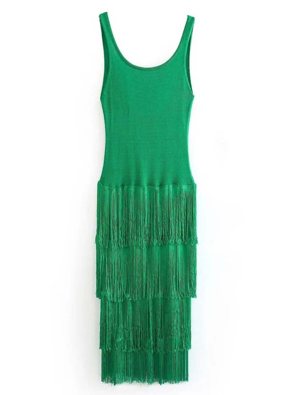 Elegant Solid Color Sleeveless Slim Fit Fringed Hem Knitted Maxi Dress