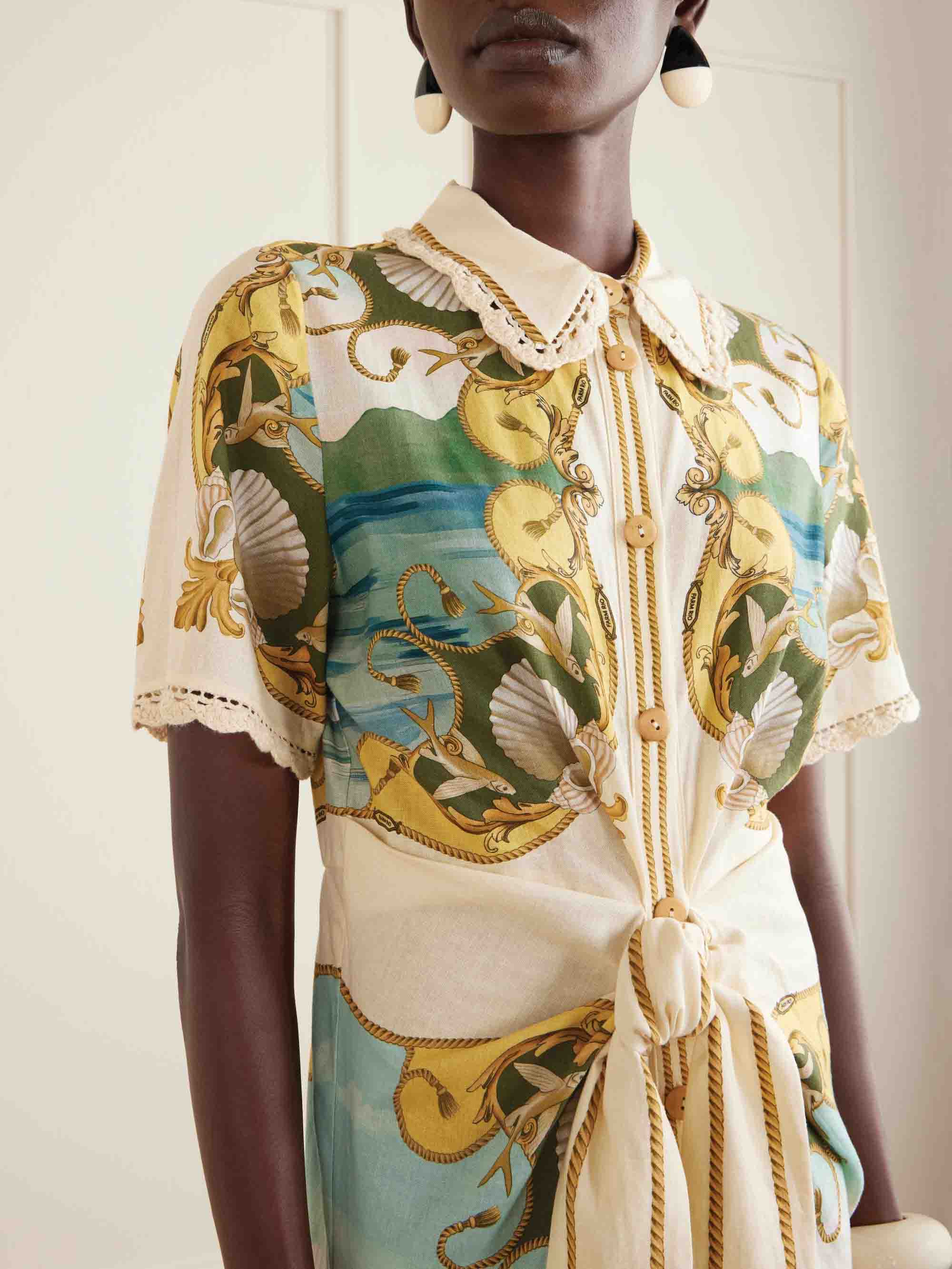 Exquisite Palm & Shell Print Button Front Midi Dress